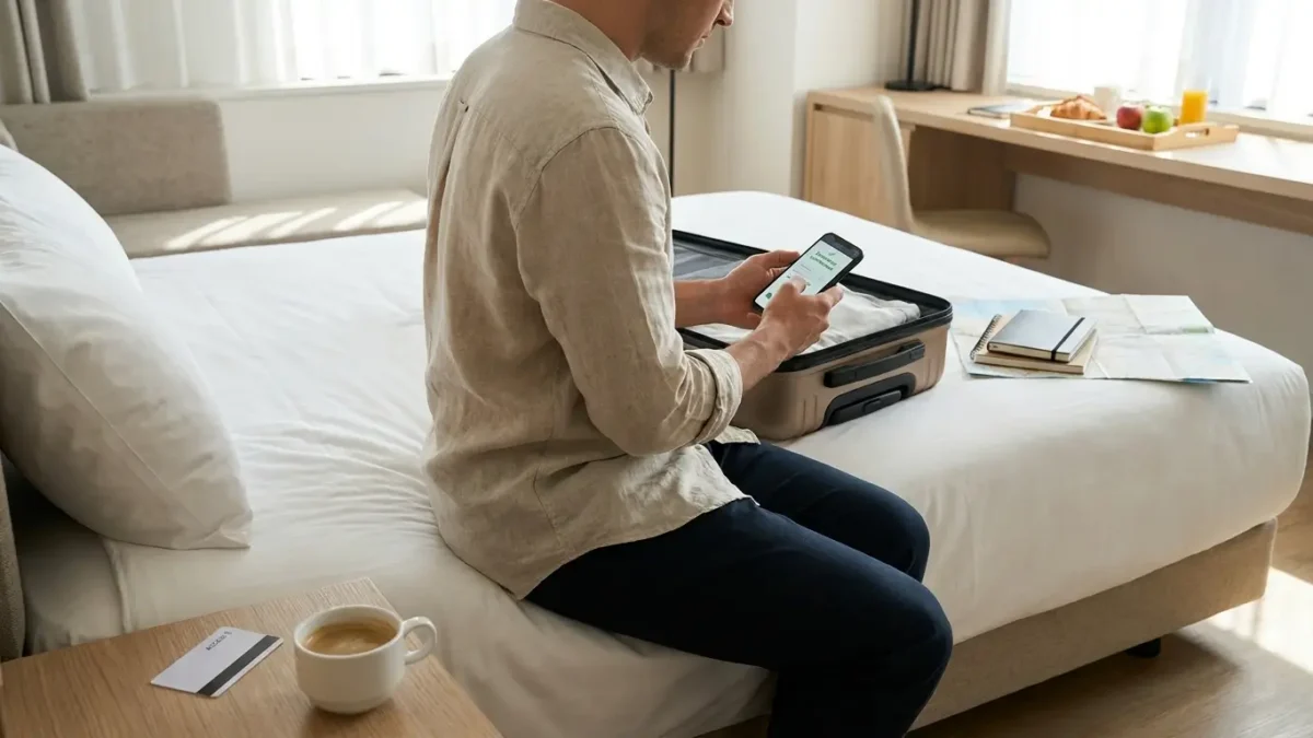 Hóspede conferindo detalhes da diária de hotel no celular antes de reservar uma hospedagem
