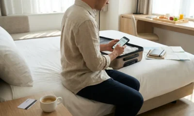 Hóspede conferindo detalhes da diária de hotel no celular antes de reservar uma hospedagem