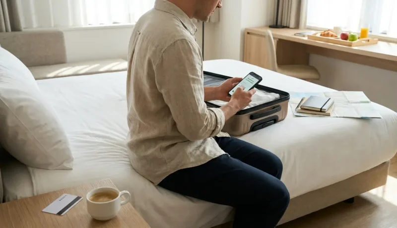 Hóspede conferindo detalhes da diária de hotel no celular antes de reservar uma hospedagem