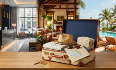 Hotel pousada ou resort viajante pesquisando opções de hospedagem no celular antes da viagem