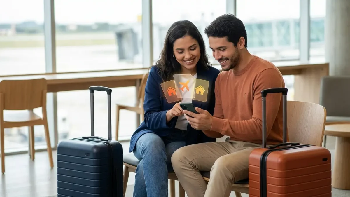 Pacote de viagem vale a pena casal pesquisando passagem aérea e hospedagem no celular antes de viajar