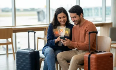 Pacote de viagem vale a pena casal pesquisando passagem aérea e hospedagem no celular antes de viajar