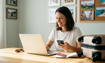 Pessoa comparando opções de viagem nacional ou internacional no celular com mala e passaporte sobre a mesa
