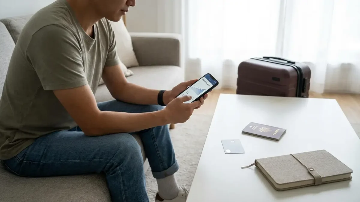 Pessoa conferindo pontos e milhas no celular antes de planejar uma viagem