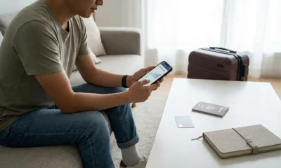 Pessoa conferindo pontos e milhas no celular antes de planejar uma viagem