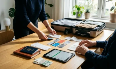 Pessoa organizando cartões e planejamento de viagem para aprender como juntar milhas mesmo viajando pouco