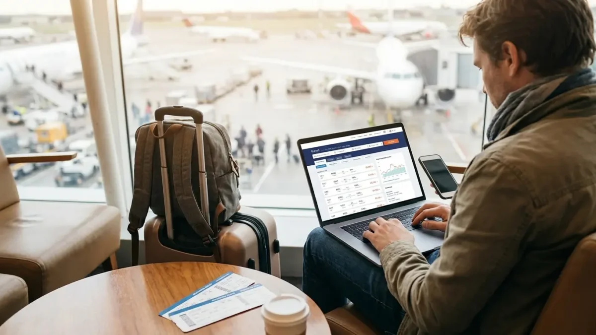 Pessoa pesquisando passagem aérea barata no celular com mala de viagem ao lado