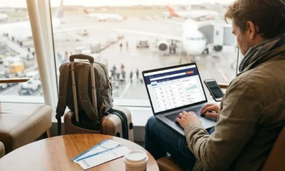 Pessoa pesquisando passagem aérea barata no celular com mala de viagem ao lado
