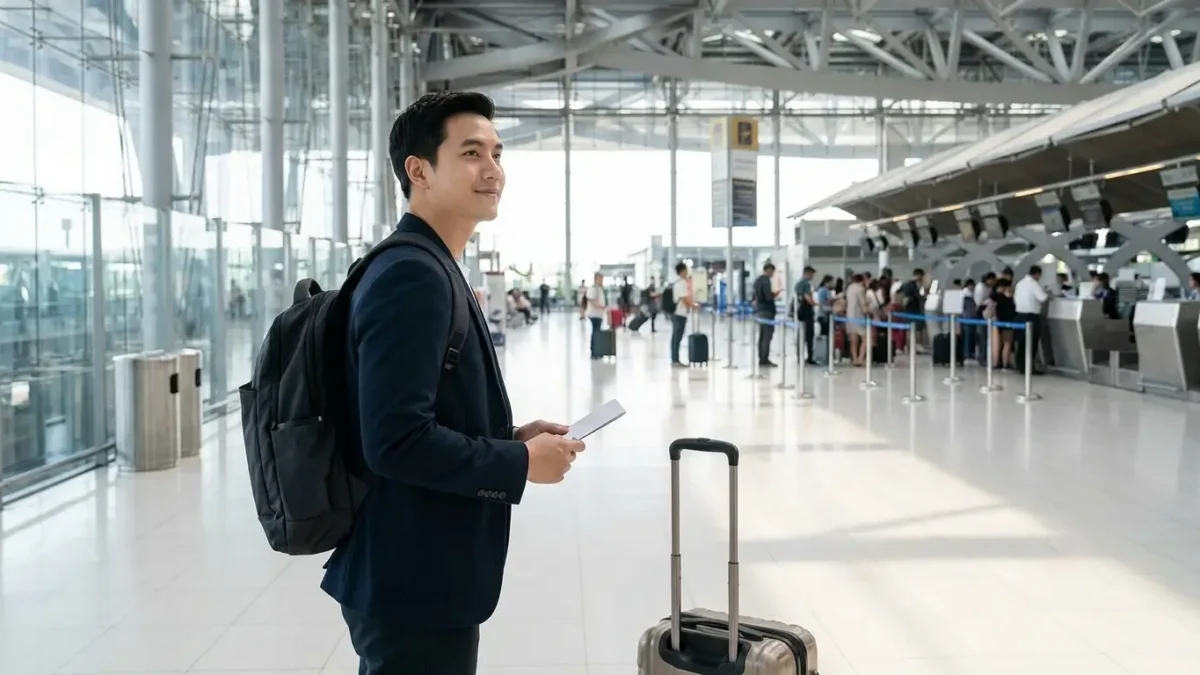 Pessoa se preparando para a primeira viagem de avião com mala de bordo e passagem aérea