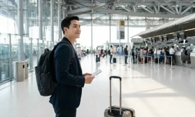 Pessoa se preparando para a primeira viagem de avião com mala de bordo e passagem aérea