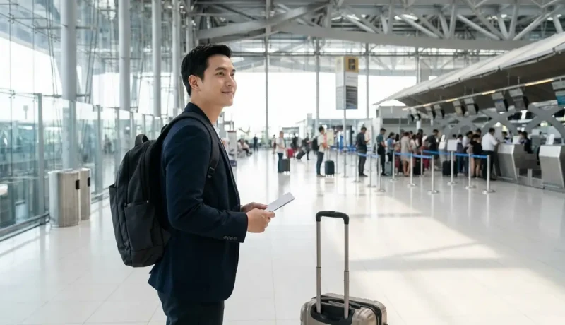 Pessoa se preparando para a primeira viagem de avião com mala de bordo e passagem aérea