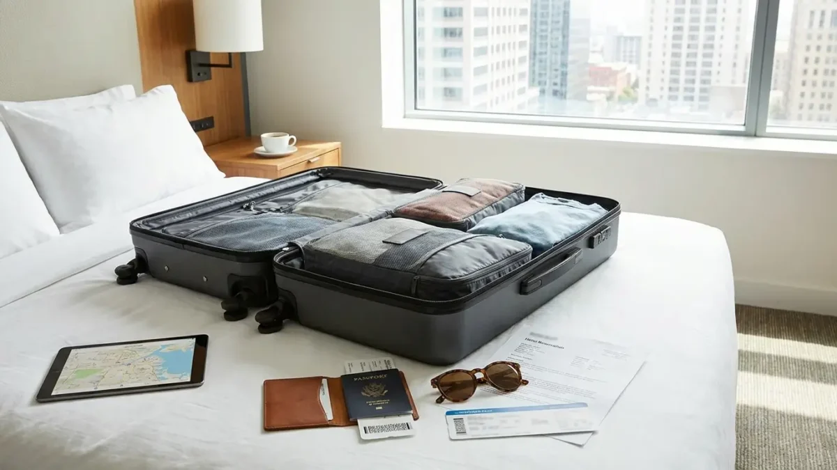 Viajante analisando opções de pacote com passagem e hotel antes de fechar a viagem