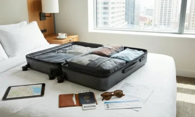 Viajante analisando opções de pacote com passagem e hotel antes de fechar a viagem