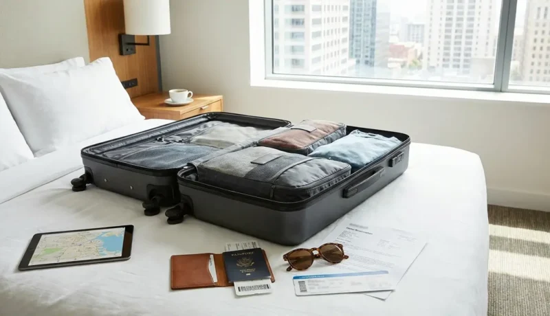 Viajante analisando opções de pacote com passagem e hotel antes de fechar a viagem