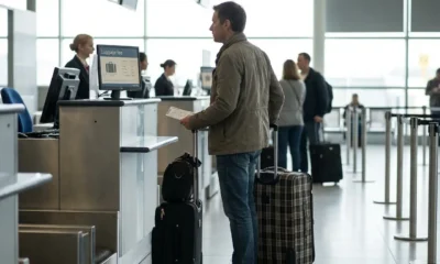 Viajante conferindo bagagem e cartão de embarque antes de comprar passagem aérea