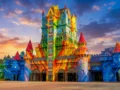 Castelo colorido do Beto Carrero World iluminado pelo pôr do sol em Penha, Santa Catarina.