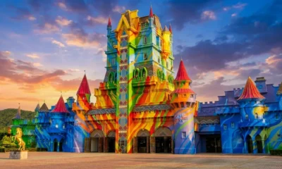 Castelo colorido do Beto Carrero World iluminado pelo pôr do sol em Penha, Santa Catarina.
