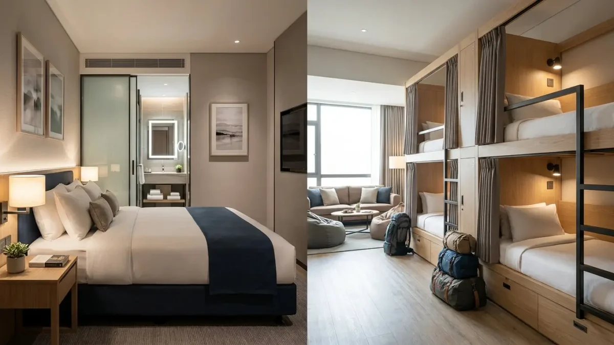 Comparação entre quarto privativo de hotel e dormitório compartilhado de hostel