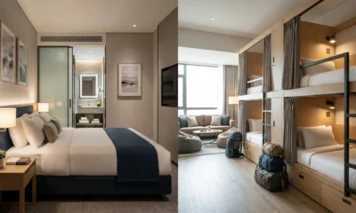Comparação entre quarto privativo de hotel e dormitório compartilhado de hostel