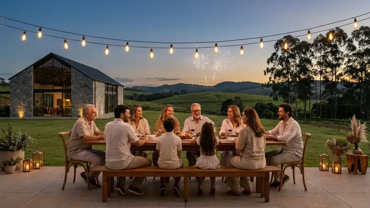 Família comemorando o Ano Novo em hotel fazenda cercado por natureza