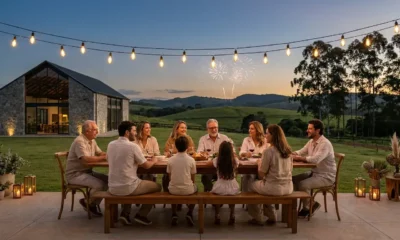Família comemorando o Ano Novo em hotel fazenda cercado por natureza