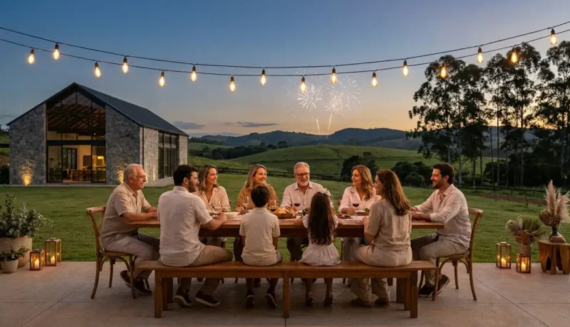 Família comemorando o Ano Novo em hotel fazenda cercado por natureza
