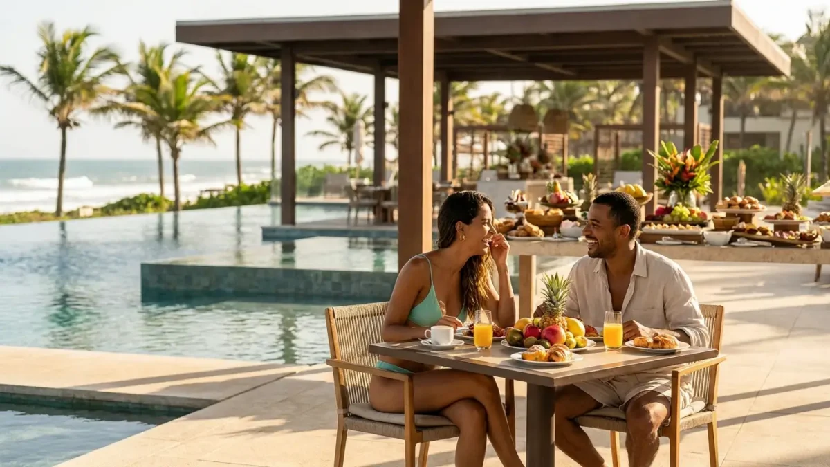 Família em resort à beira-mar avaliando se pacote all inclusive vale a pena para a viagem