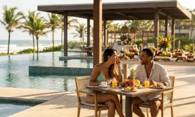 Família em resort à beira-mar avaliando se pacote all inclusive vale a pena para a viagem