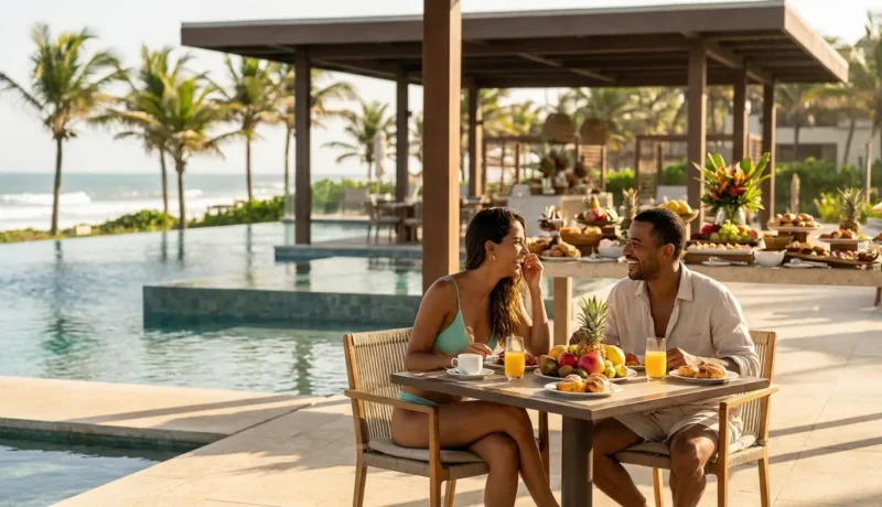 Família em resort à beira-mar avaliando se pacote all inclusive vale a pena para a viagem