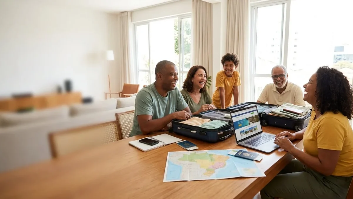 Família organizando pacote de viagem para família com malas, celular e roteiro sobre a mesa
