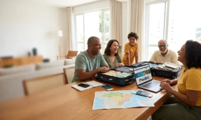 Família organizando pacote de viagem para família com malas, celular e roteiro sobre a mesa