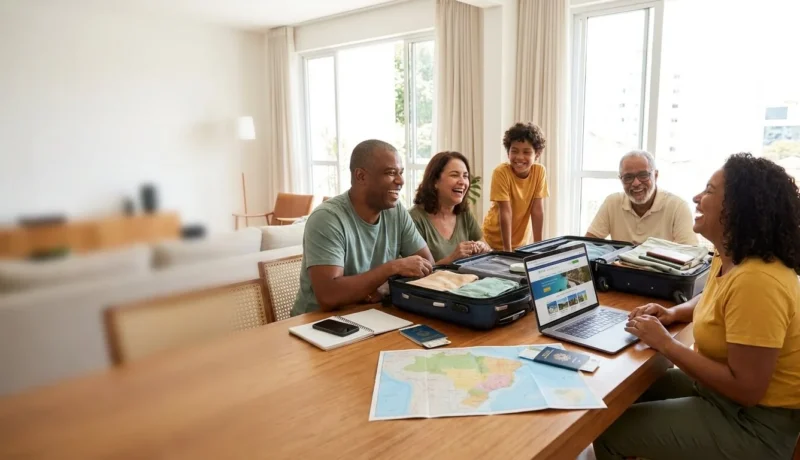 Família organizando pacote de viagem para família com malas, celular e roteiro sobre a mesa