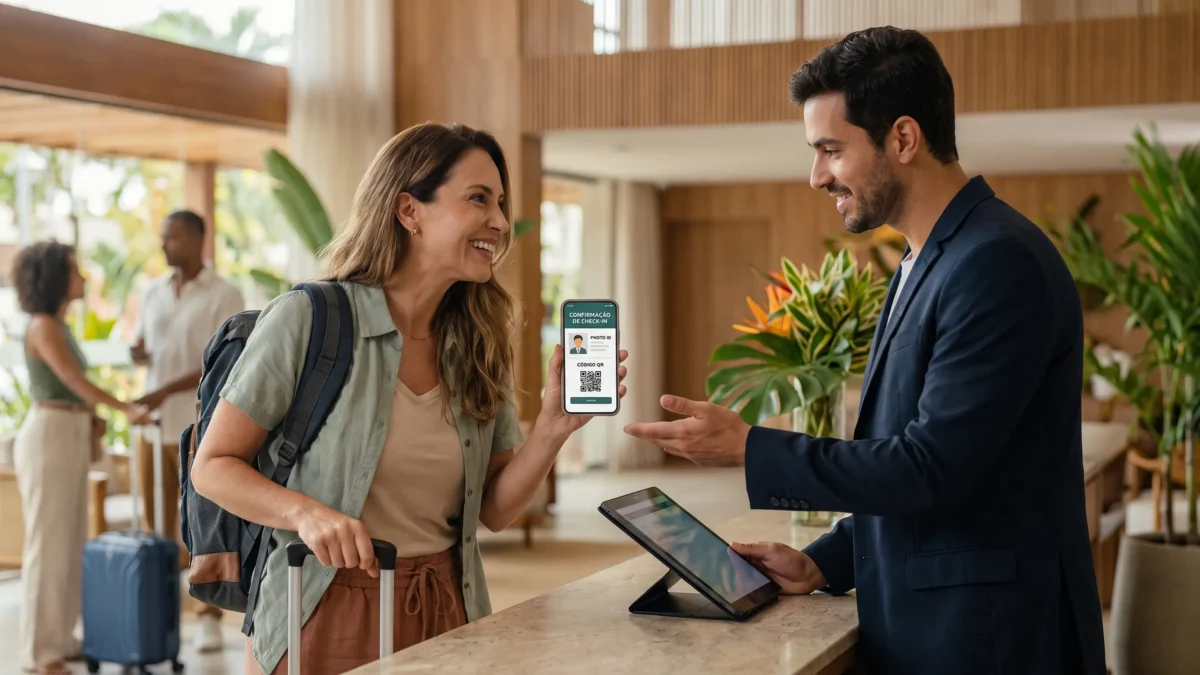 Hóspede realizando o check-in online obrigatório para hotéis pelo celular na recepção
