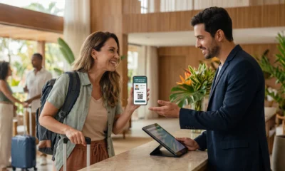 Hóspede realizando o check-in online obrigatório para hotéis pelo celular na recepção