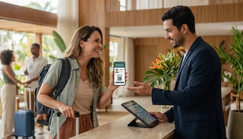 Hóspede realizando o check-in online obrigatório para hotéis pelo celular na recepção