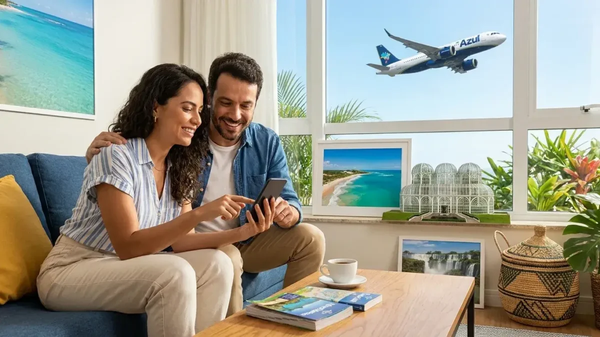 Lugares para viajar no Brasil com milhas Azul representados por viajantes, avião e destinos nacionais