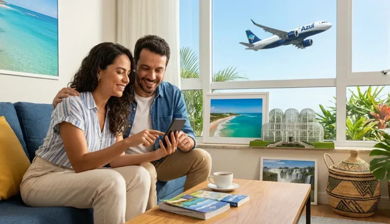 Lugares para viajar no Brasil com milhas Azul representados por viajantes, avião e destinos nacionais