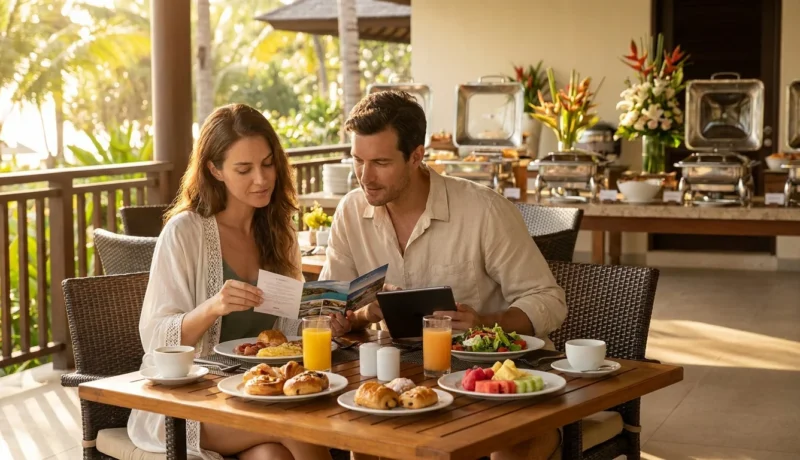 Mesa de resort com refeições representando meia pensão, pensão completa e all inclusive em hospedagem.
