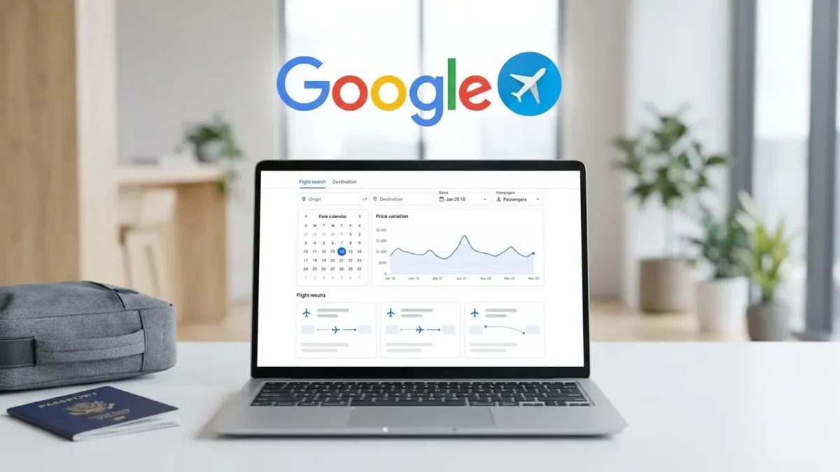 Notebook exibindo uma ferramenta de pesquisa e comparação de passagens aéreas no Google Voos.