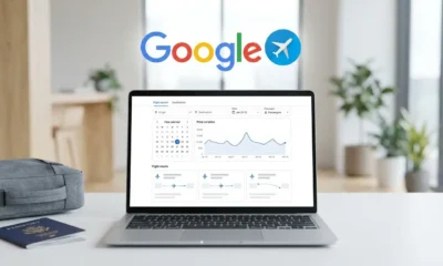Notebook exibindo uma ferramenta de pesquisa e comparação de passagens aéreas no Google Voos.
