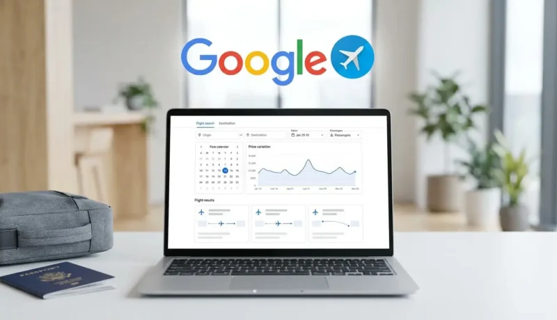 Notebook exibindo uma ferramenta de pesquisa e comparação de passagens aéreas no Google Voos.