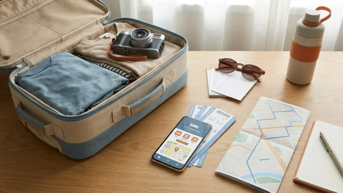 O que está incluso em um pacote de viagem com passagem, hotel, mala e roteiro sobre a mesa