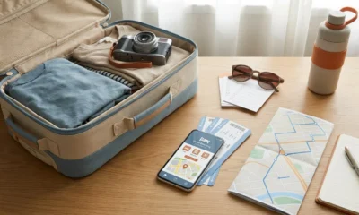 O que está incluso em um pacote de viagem com passagem, hotel, mala e roteiro sobre a mesa
