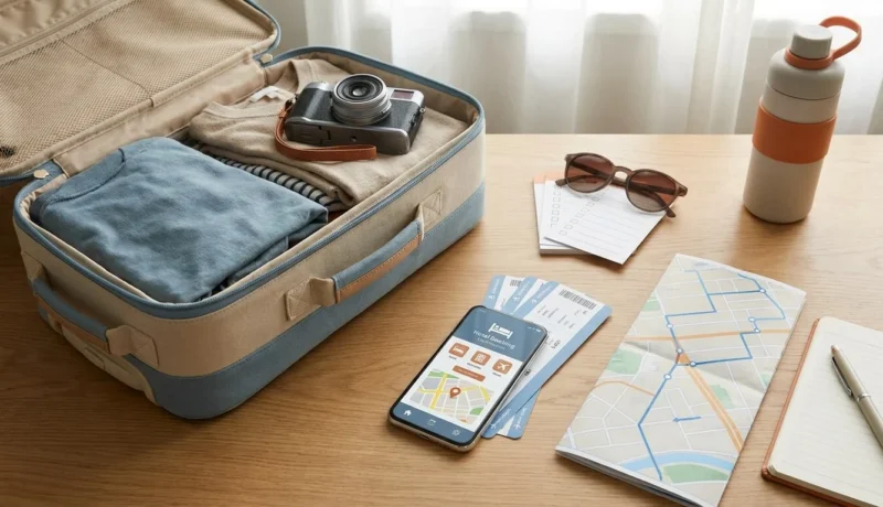 O que está incluso em um pacote de viagem com passagem, hotel, mala e roteiro sobre a mesa