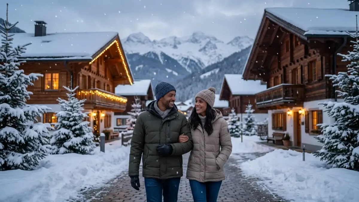 Onde tem neve em janeiro com viajantes em uma vila cercada por montanhas nevadas