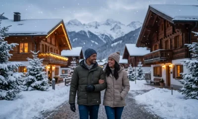 Onde tem neve em janeiro com viajantes em uma vila cercada por montanhas nevadas