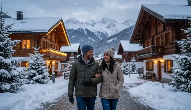 Onde tem neve em janeiro com viajantes em uma vila cercada por montanhas nevadas