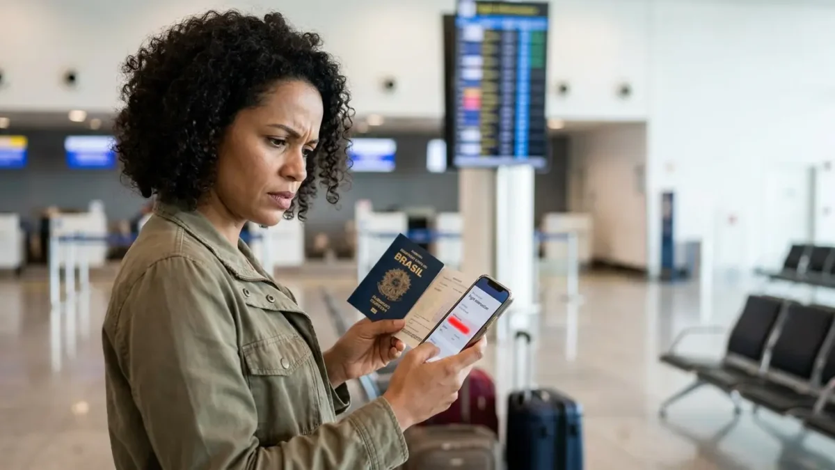 Passageira conferindo o nome no bilhete antes da viagem de avião