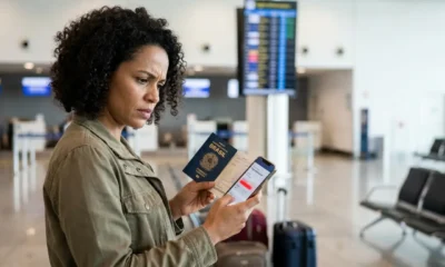 Passageira conferindo o nome no bilhete antes da viagem de avião