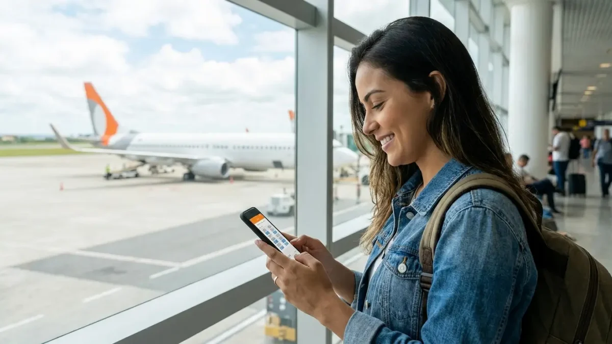 Passageira escolhendo assento no avião da GOL pelo celular